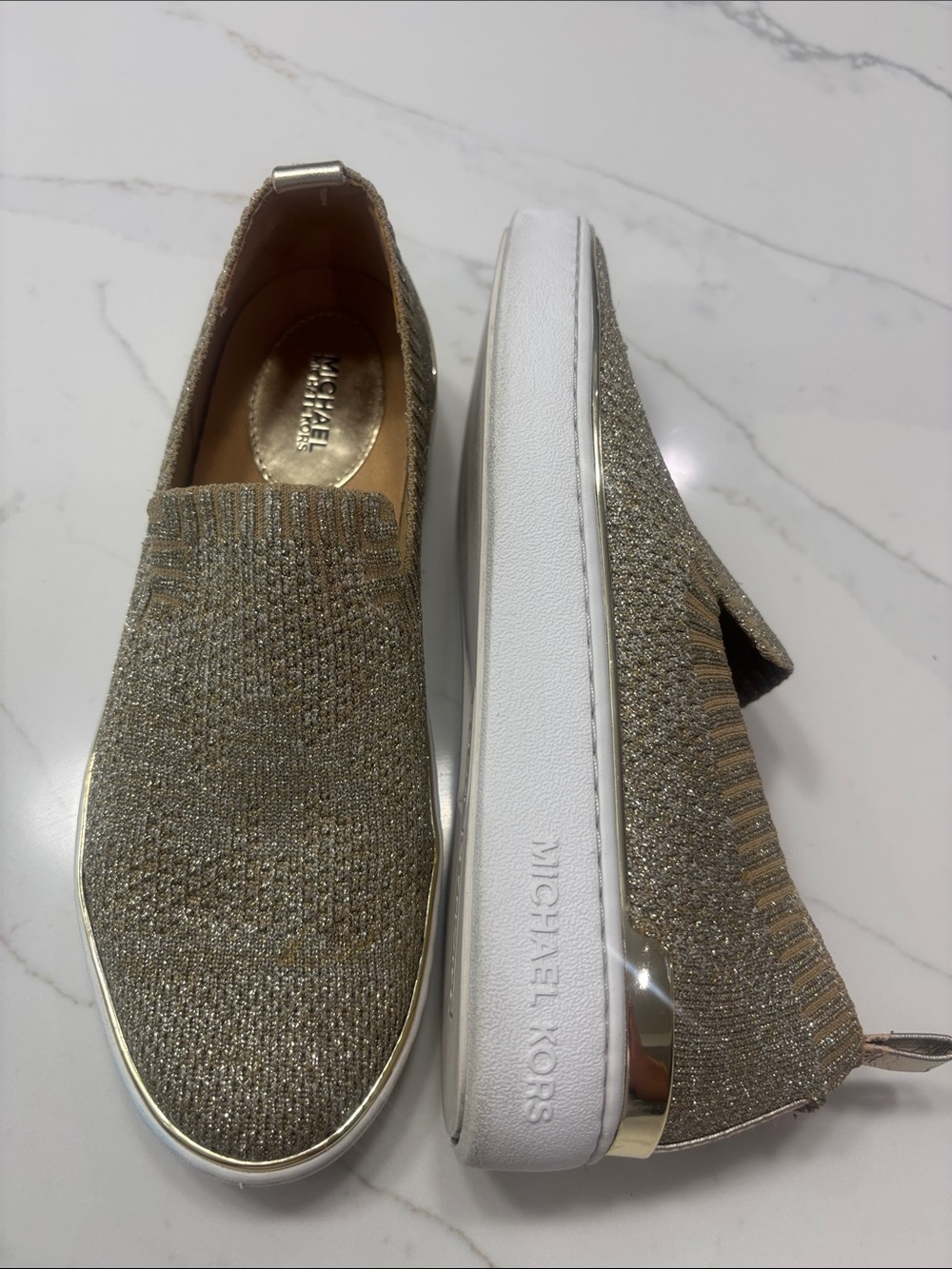 Michael Kors Gold Knit Slip-On Sneakers with White Platform